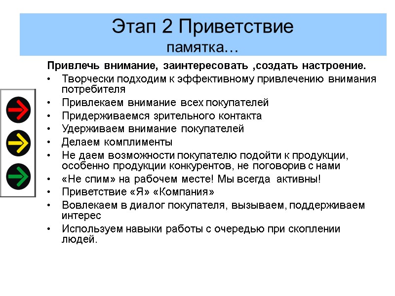 Этап 2 Приветствие памятка… Привлечь внимание, заинтересовать ,создать настроение. Творчески подходим к эффективному привлечению